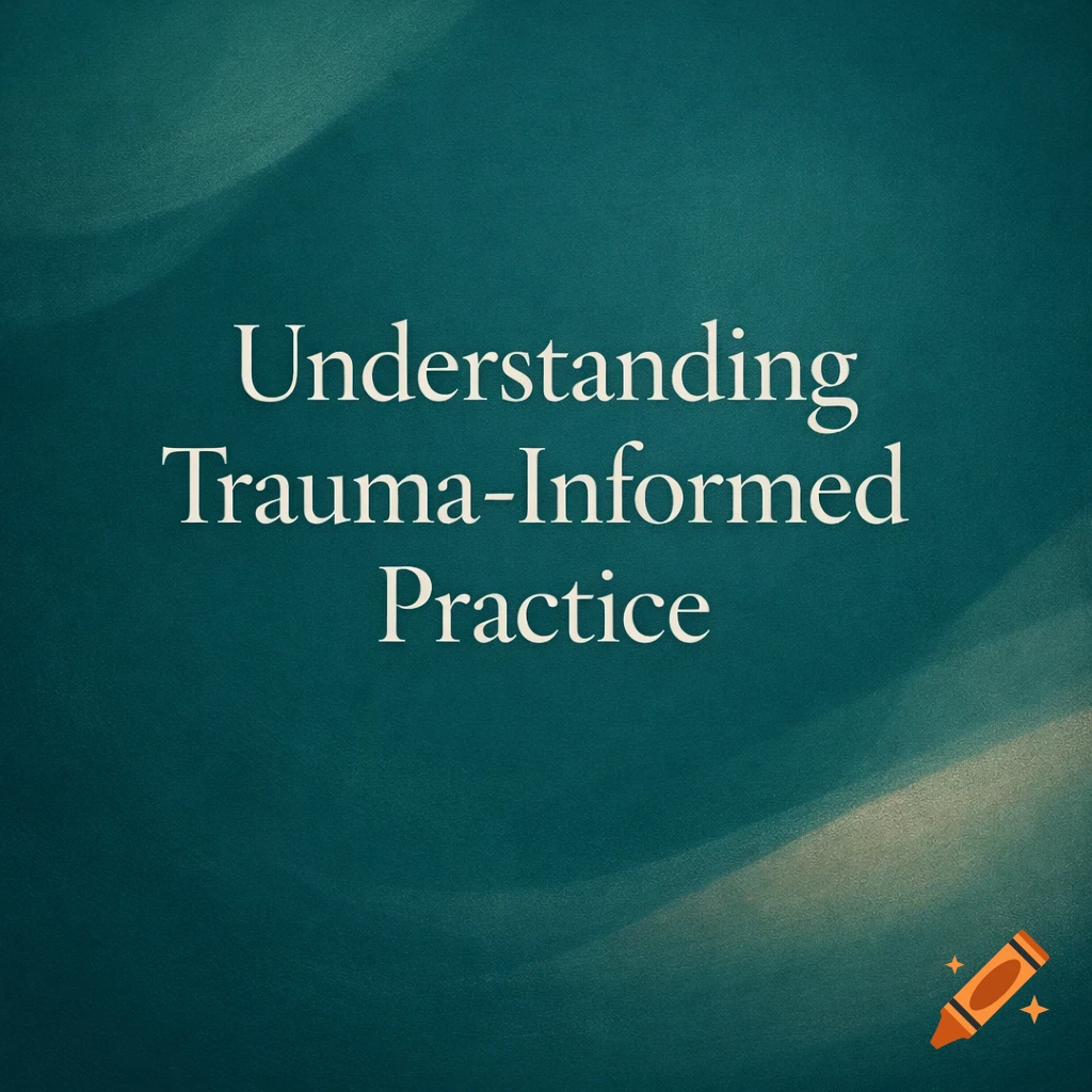 Cream serif text 'Understanding Trauma-Informed Practice' on a deep teal background with subtle wavy texture.