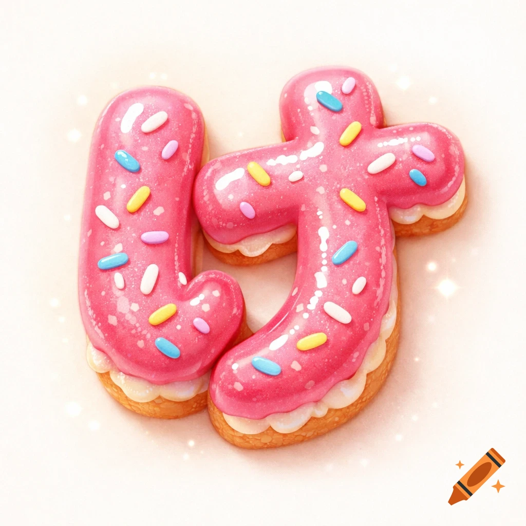 Two pink, sprinkle-covered Hiragana characters shaped like cookies with white frosting and light brown bases, on a light background.