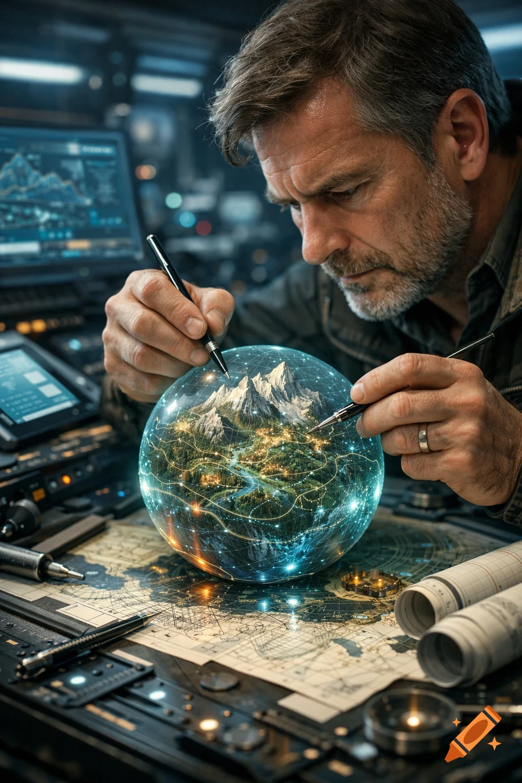 Photorealistic image of a man manipulating a glowing holographic globe of a city and mountains with tools on a desk with maps and tech.