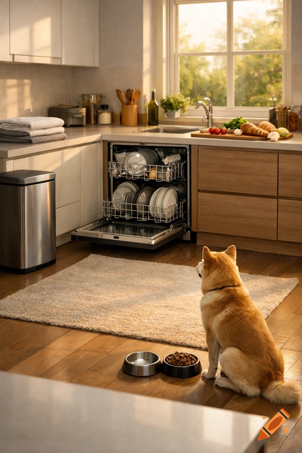 A Shiba Inu dog sits on a rug in a sunny kitchen, looking at an open dishwasher and its food bowls.