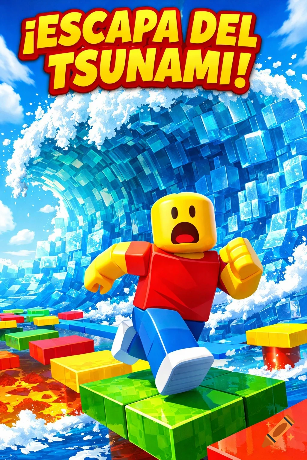 A Roblox-style character runs on colorful platforms, escaping a huge tsunami wave made of blue cubes, with '¡ESCAPA DEL TSUNAMI!' text.
