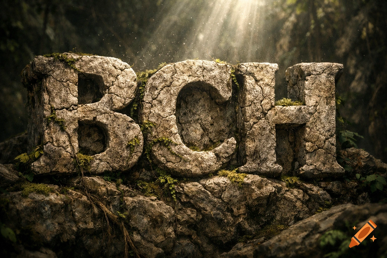 Photorealistic stone letters BCH, covered in moss and vines, bathed in sun rays in a lush, dark forest.