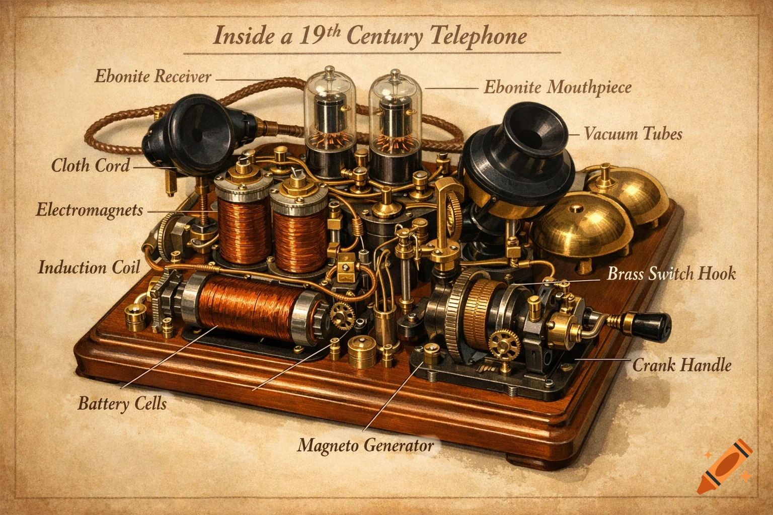 An illustrated diagram showing the internal components of a 19th-century telephone, with labels for parts like electromagnets, induction coil, battery cells, and a crank handle.