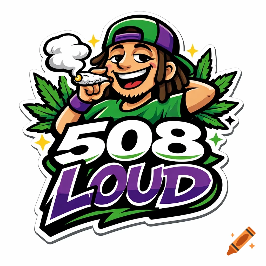 A cartoon sticker of a man with dreadlocks and a cap smoking a joint, smiling, with cannabis leaves and '508 LOUD' text.