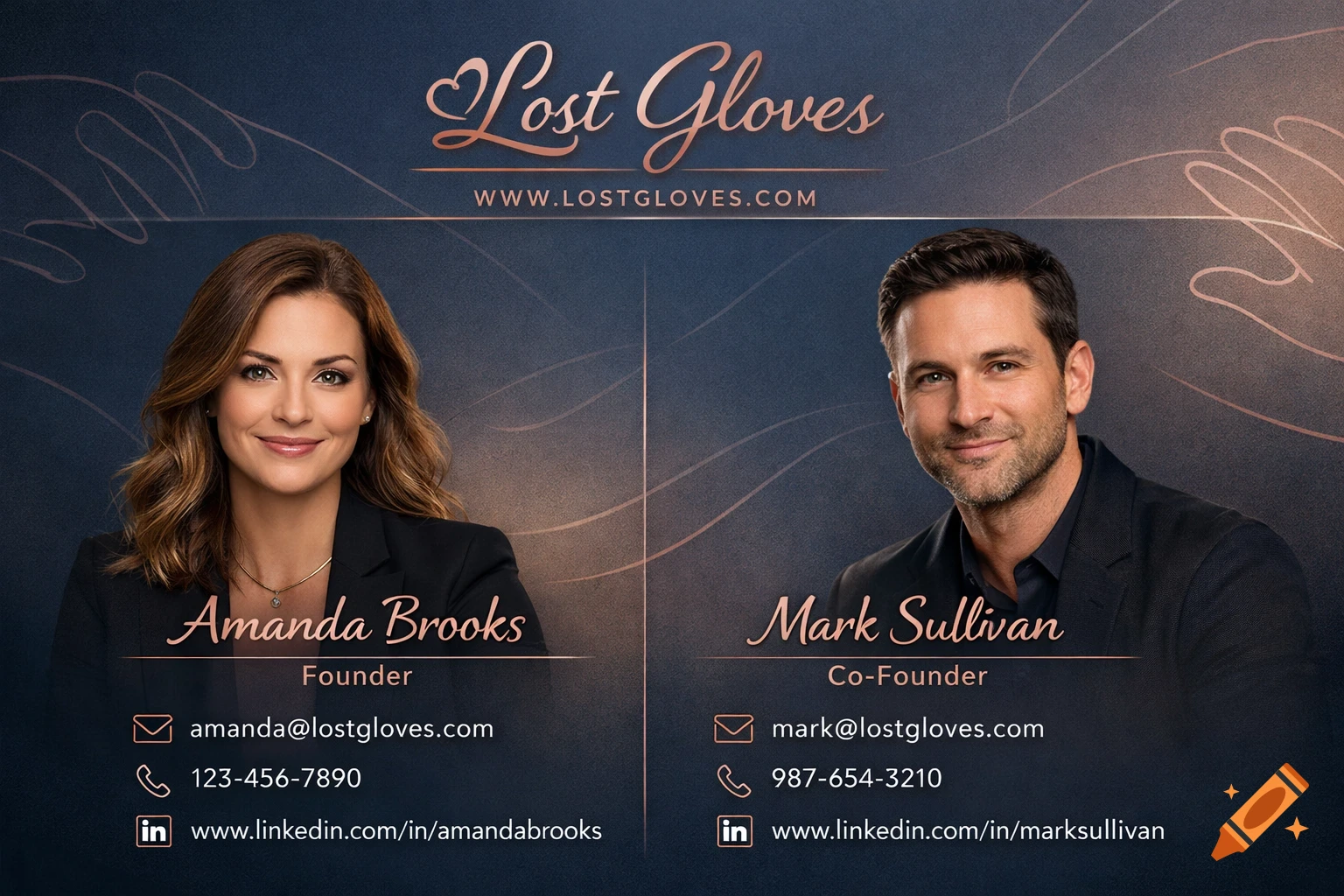 A business card featuring Amanda Brooks, Founder, and Mark Sullivan, Co-Founder of Lost Gloves, with their contact details.