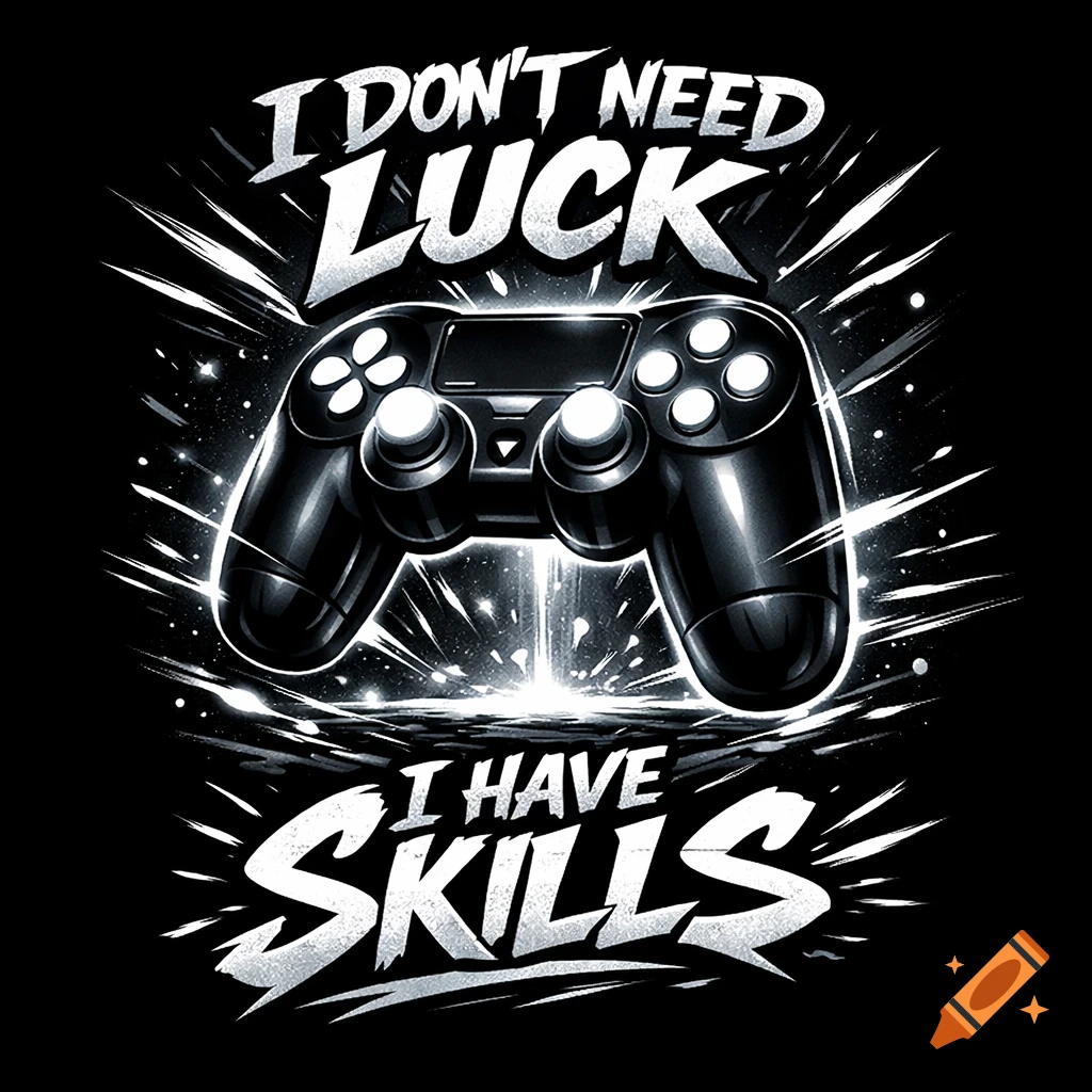 A black and white graphic of a gaming controller with the text 'I don't need luck, I have skills' in a bold, graffiti-style font.