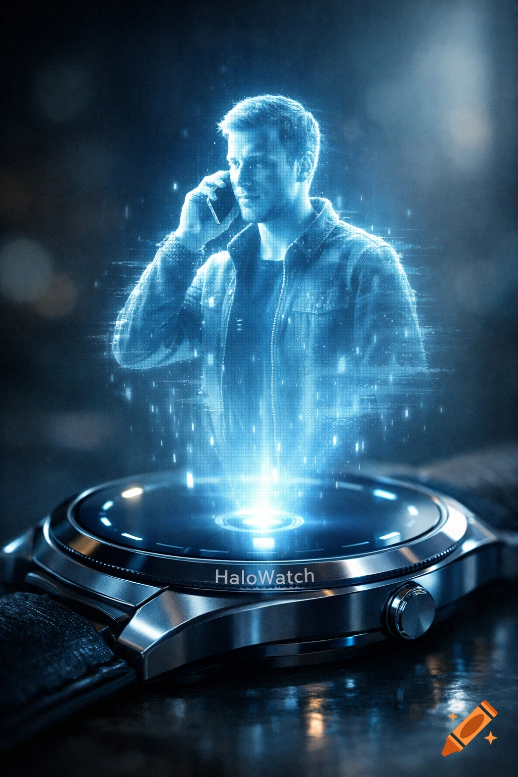 A photorealistic image shows a glowing blue holographic projection of a man talking on a phone, emerging from a silver smartwatch with 'HaloWatch' on its side.