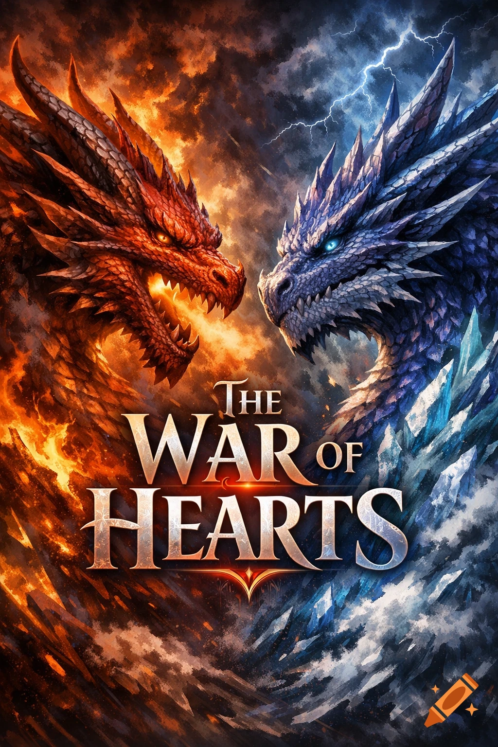 A dramatic fantasy art piece of a red fire dragon and a blue ice dragon facing each other, with 'The War of Hearts' title.