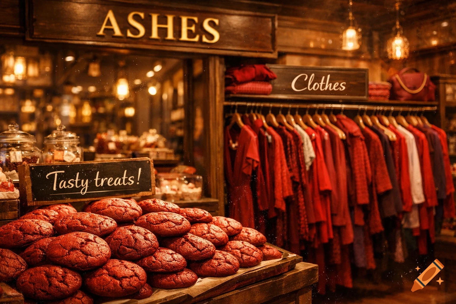 Warmly lit store interior with a foreground display of red velvet cookies and a background rack of red clothes. Signs read 'ASHES', 'Tasty treats!', and 'Clothes'.