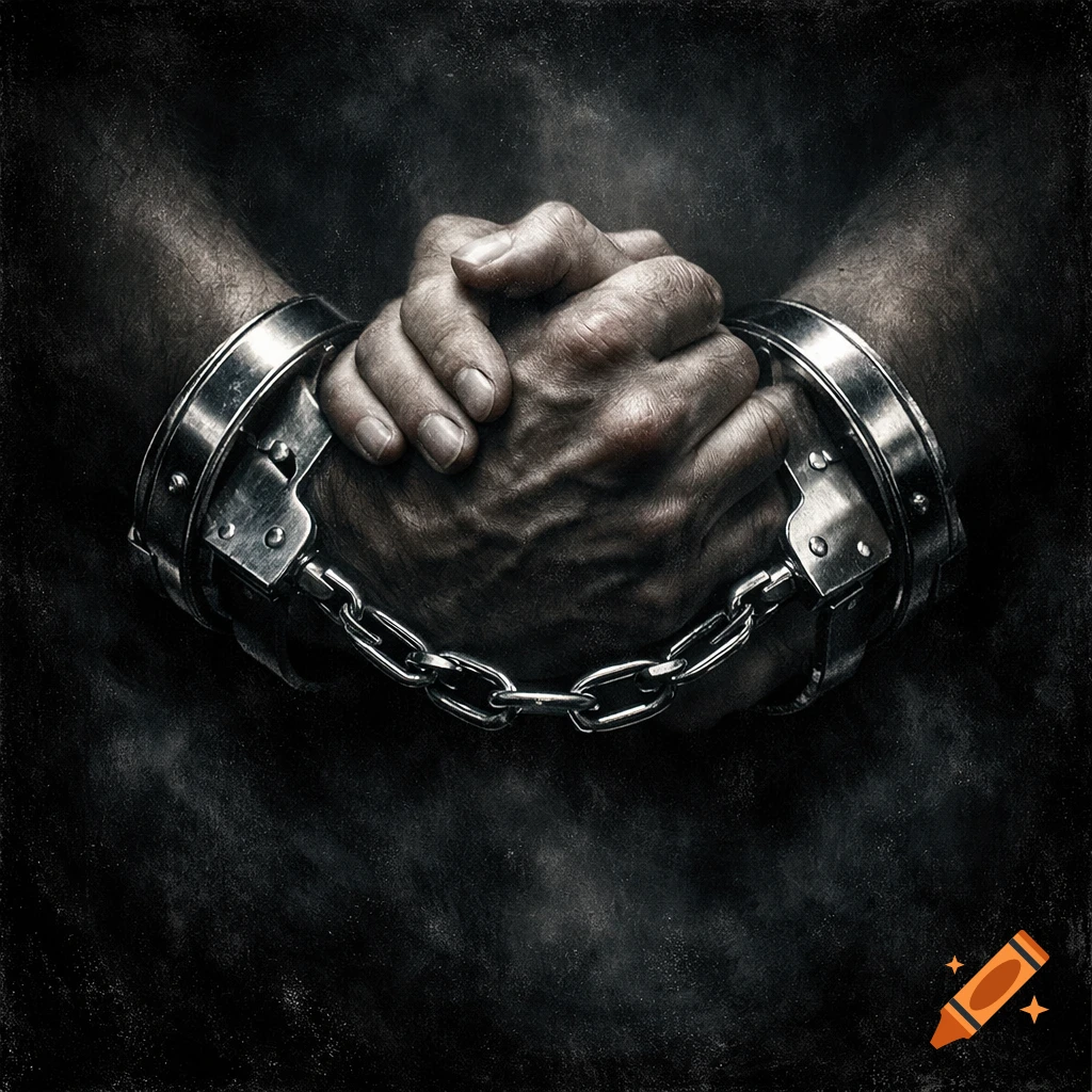 Two clasped hands wearing metal handcuffs against a dark, gritty background, rendered in a dramatic, photorealistic style.