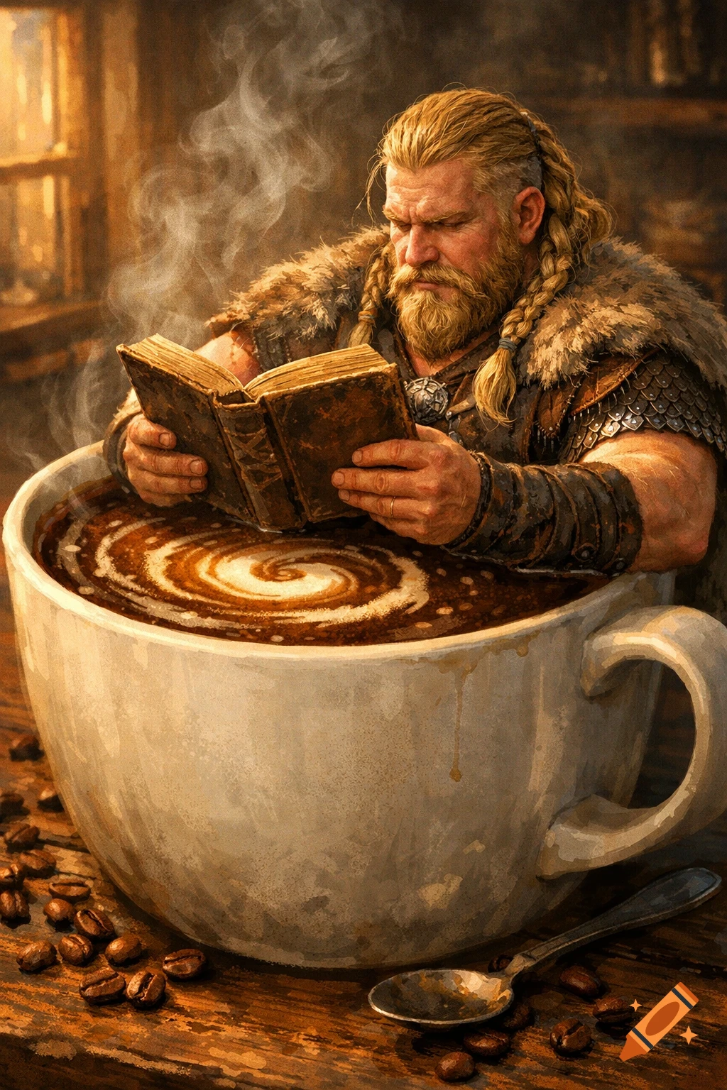 A blonde, bearded Viking man with braided hair sits in a giant coffee cup, reading a book. Steam rises from the coffee.