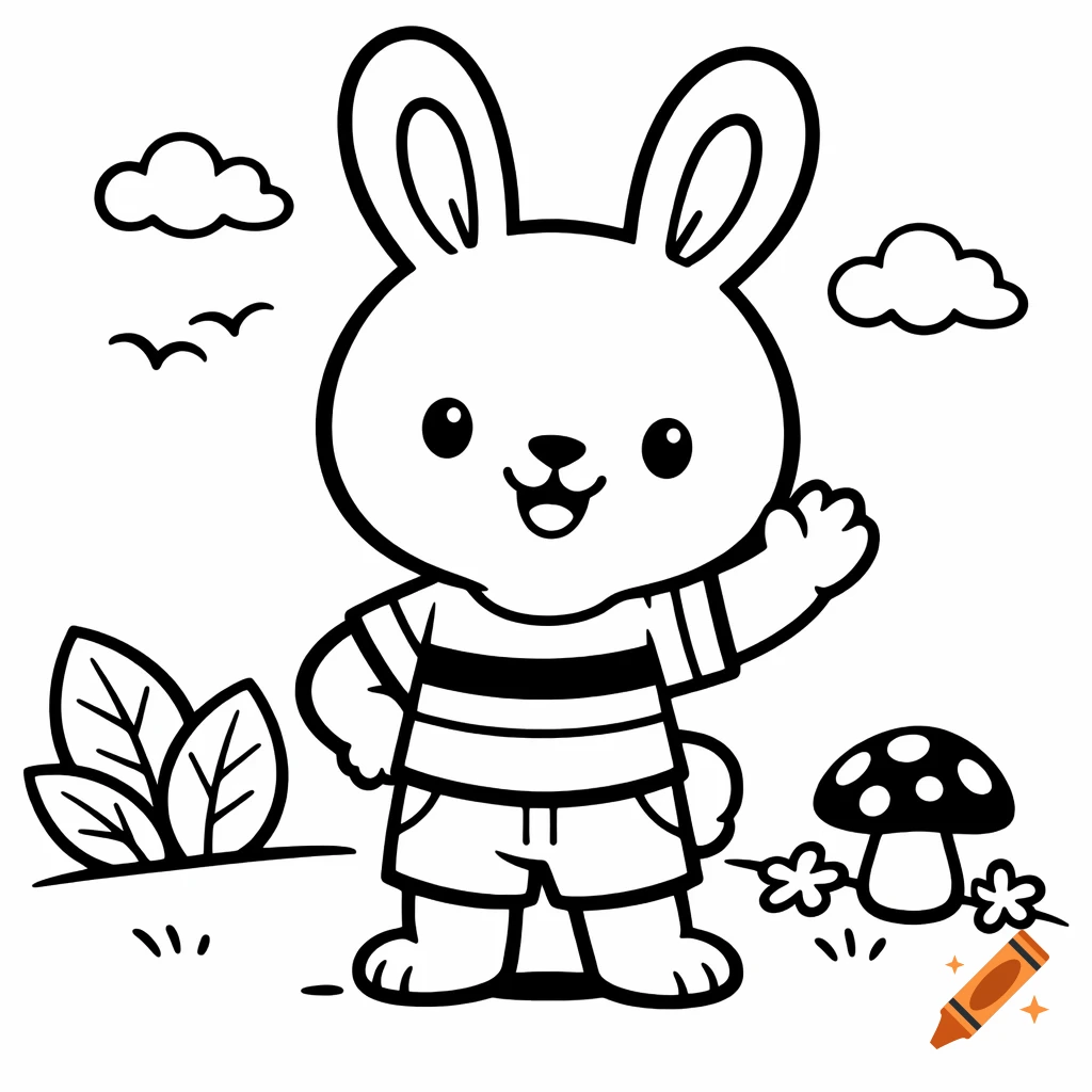 A black and white outline drawing of a happy cartoon bunny wearing a striped shirt and shorts, waving in a field with clouds, birds, and a mushroom.