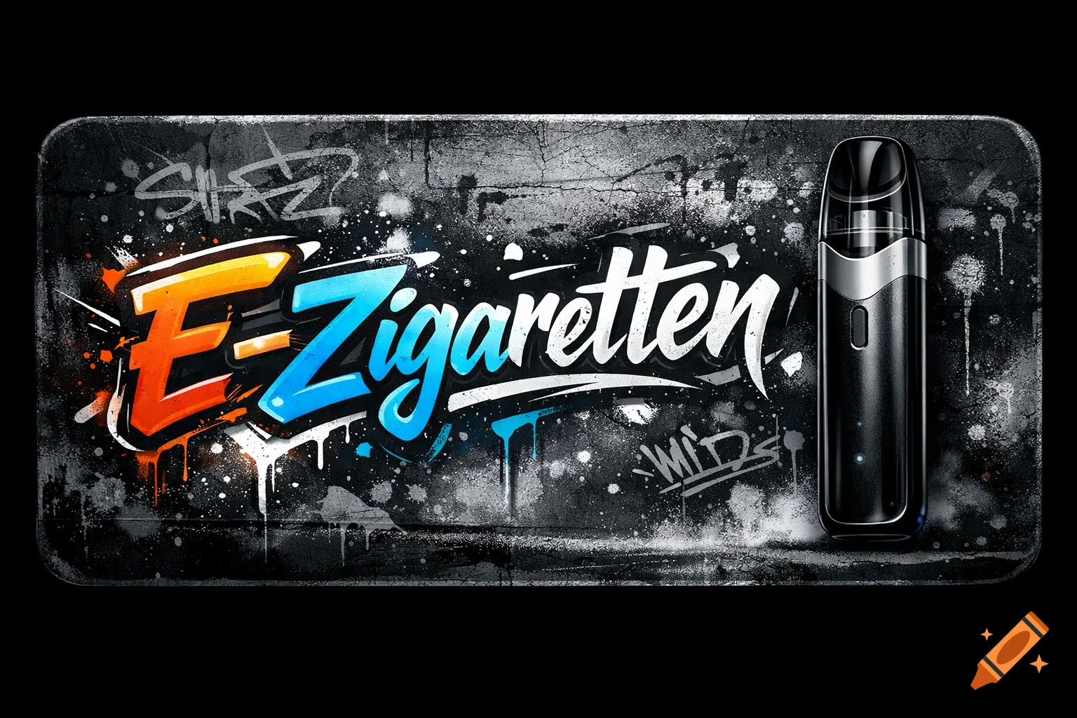 A black textured background with colorful graffiti art. The large text "E-Zigaretten" in orange, blue, and white is prominent next to a sleek black vaping device with a silver accent.