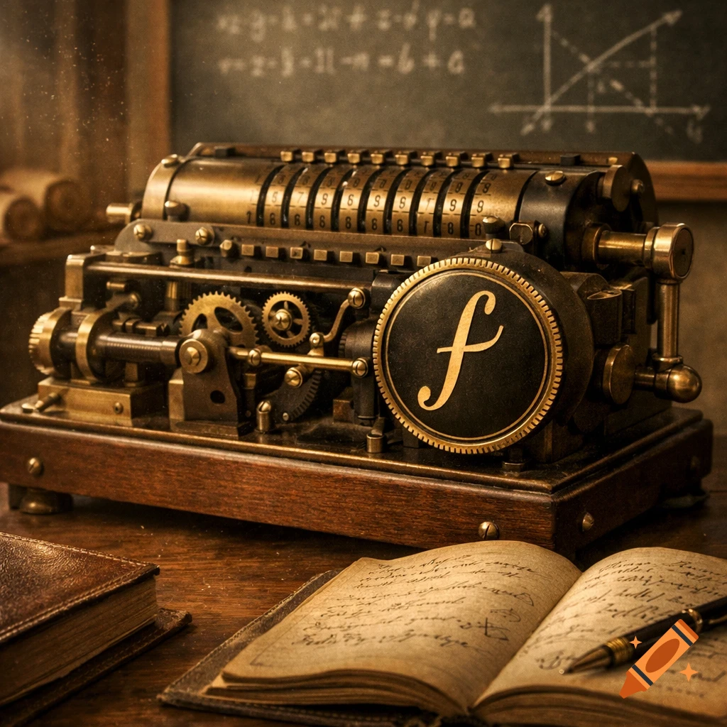 A detailed, golden, antique calculating machine with an 'f' symbol, an open notebook with a pen, and a chalkboard with math equations in a dimly lit study.