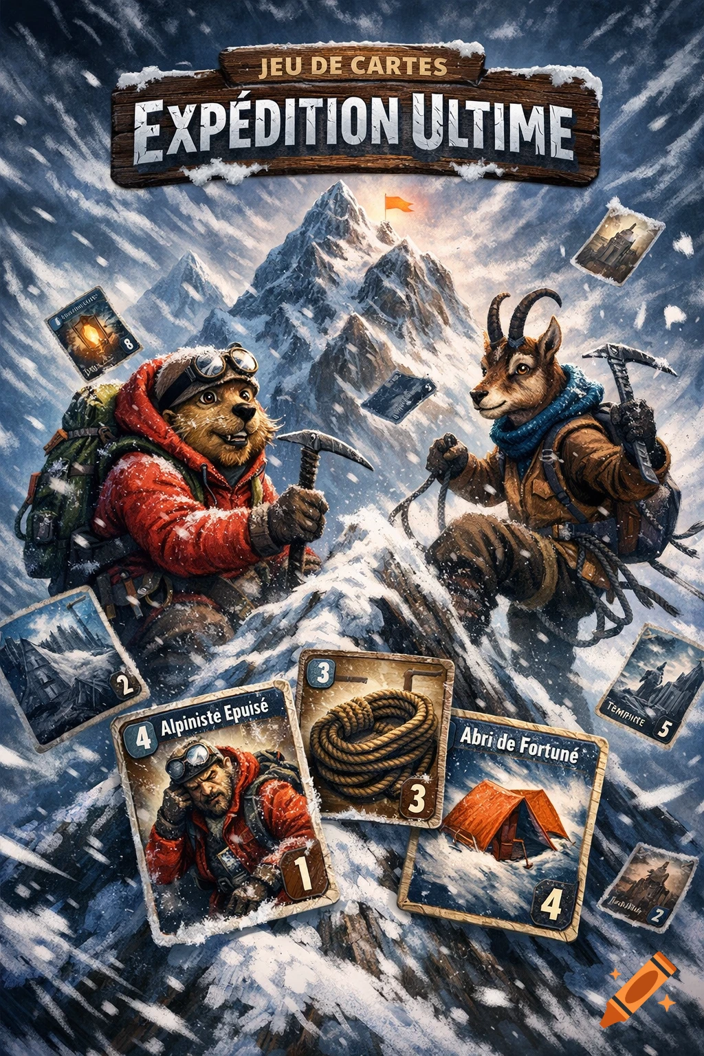 A fantasy card game box art featuring a beaver and a goat dressed as mountaineers, with snow-capped mountains and various game cards floating around them. The title reads 'Jeu de Cartes Expédition Ultime'.