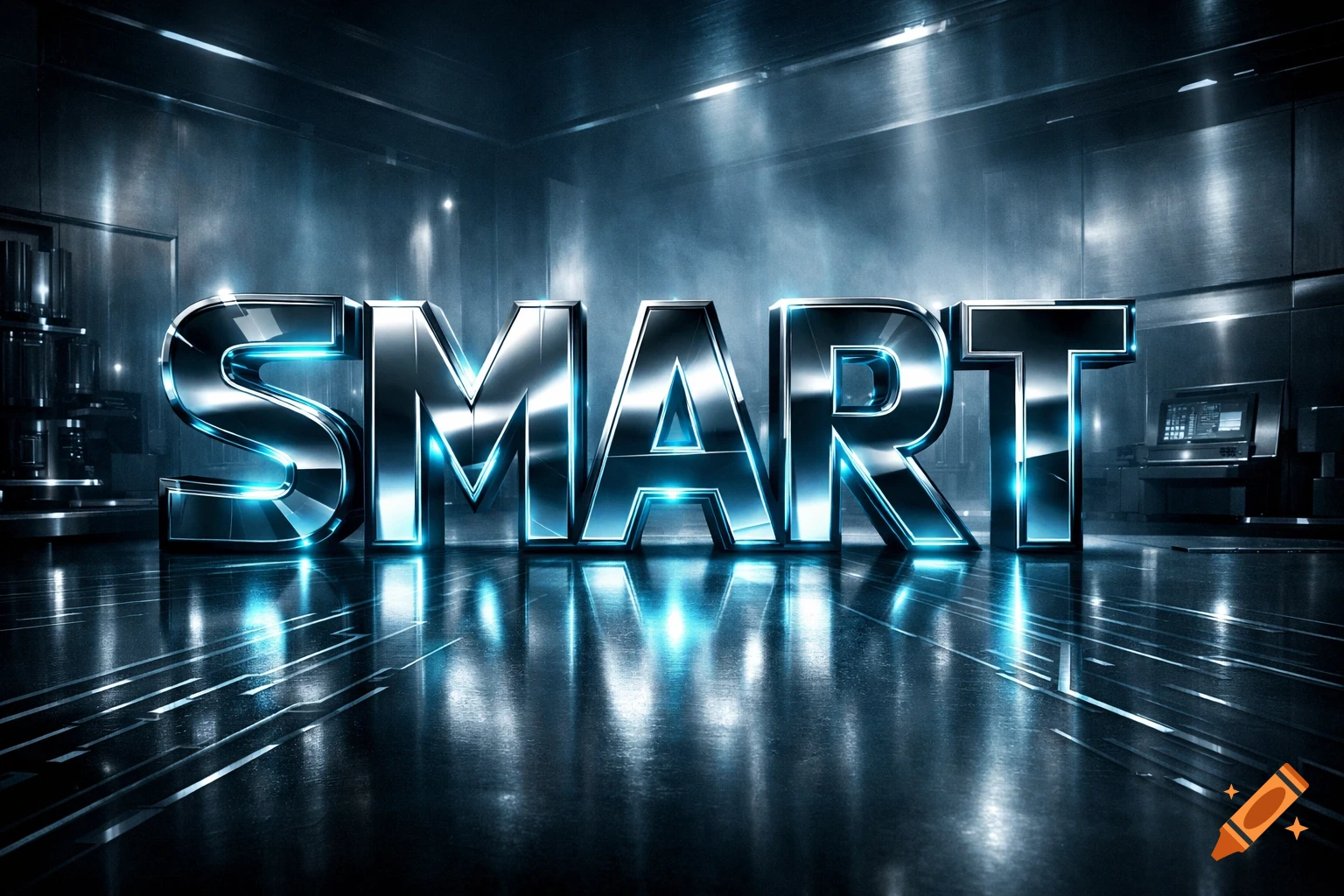 The word SMART in large, metallic, glowing blue 3D letters reflected on a dark, futuristic floor.