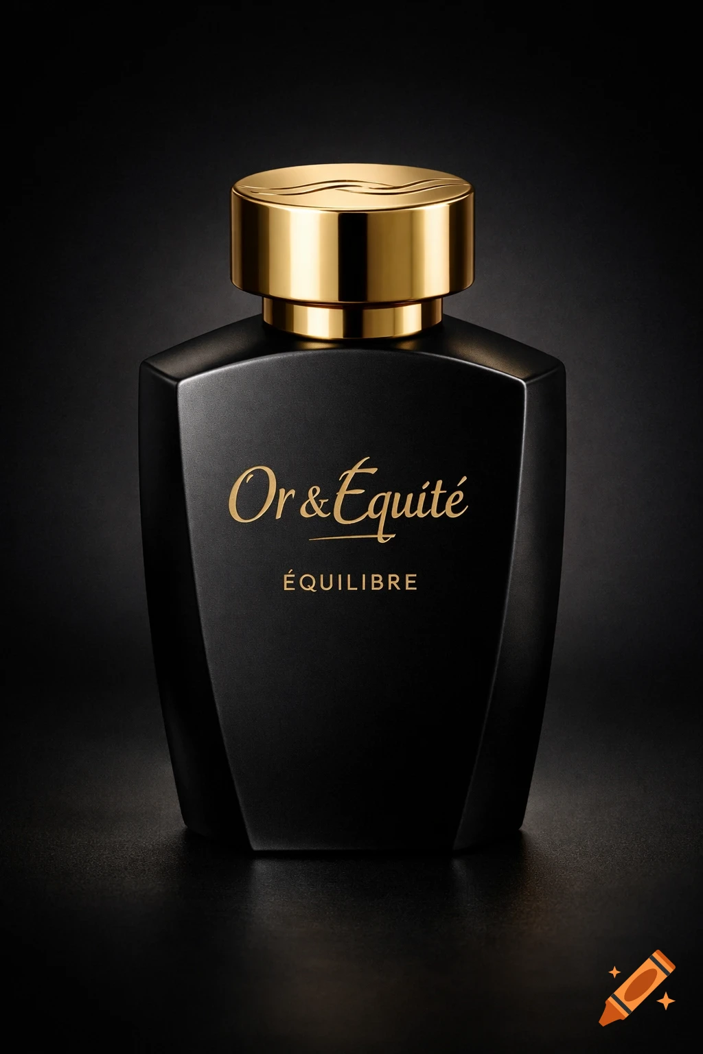 Matte black perfume bottle with a gold cap and gold text 'Or & Équité ÉQUILIBRE' on a dark background.