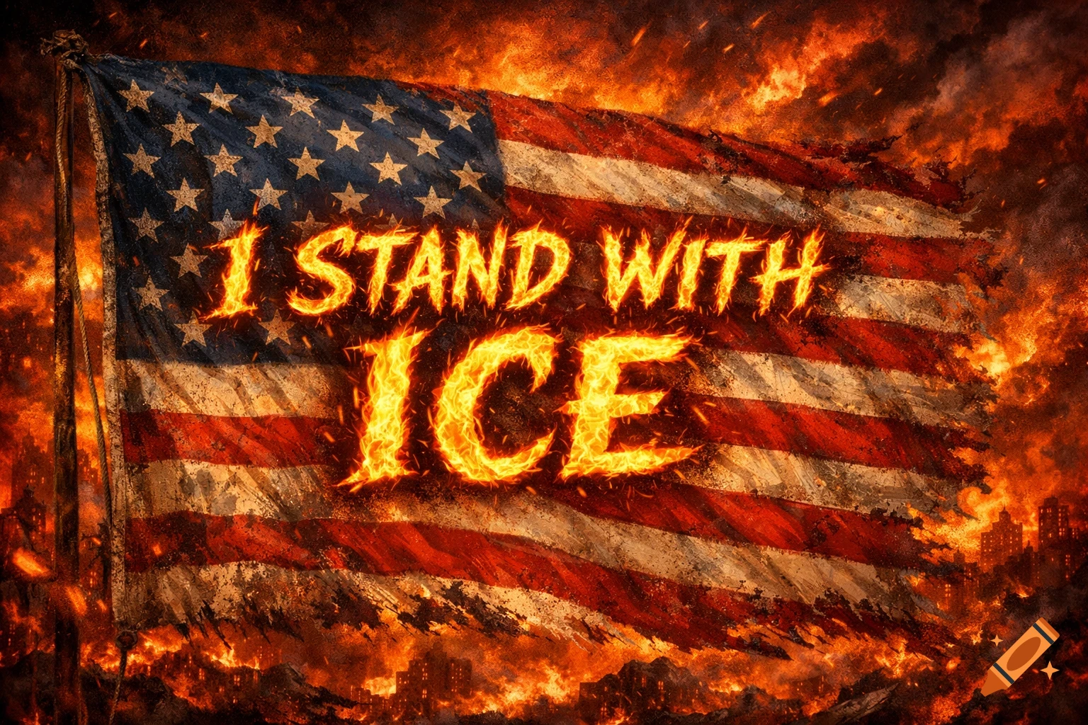 A distressed American flag with fiery text 'I STAND WITH ICE' against a backdrop of flames and a burning city.