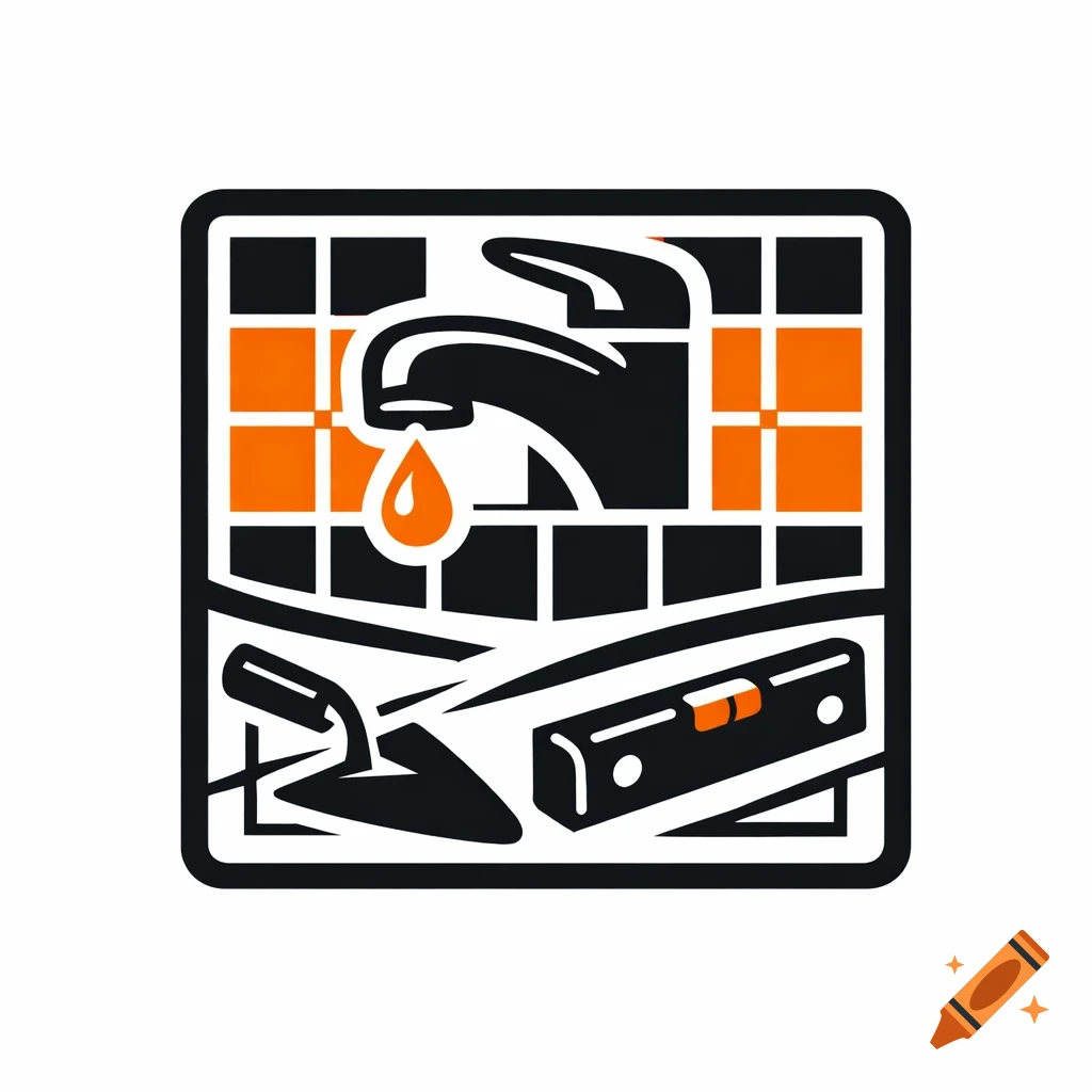 A square black and orange icon-style logo depicting a dripping faucet, a trowel, and a spirit level on a tiled background.
