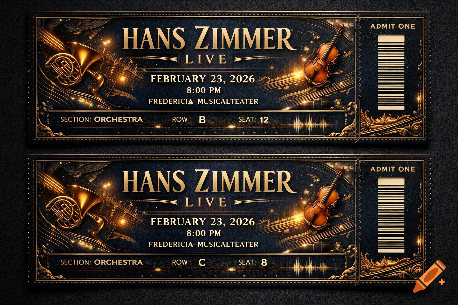 Two elegant concert tickets for Hans Zimmer Live, featuring a golden French horn, violin, and glowing musical notes on a dark background.