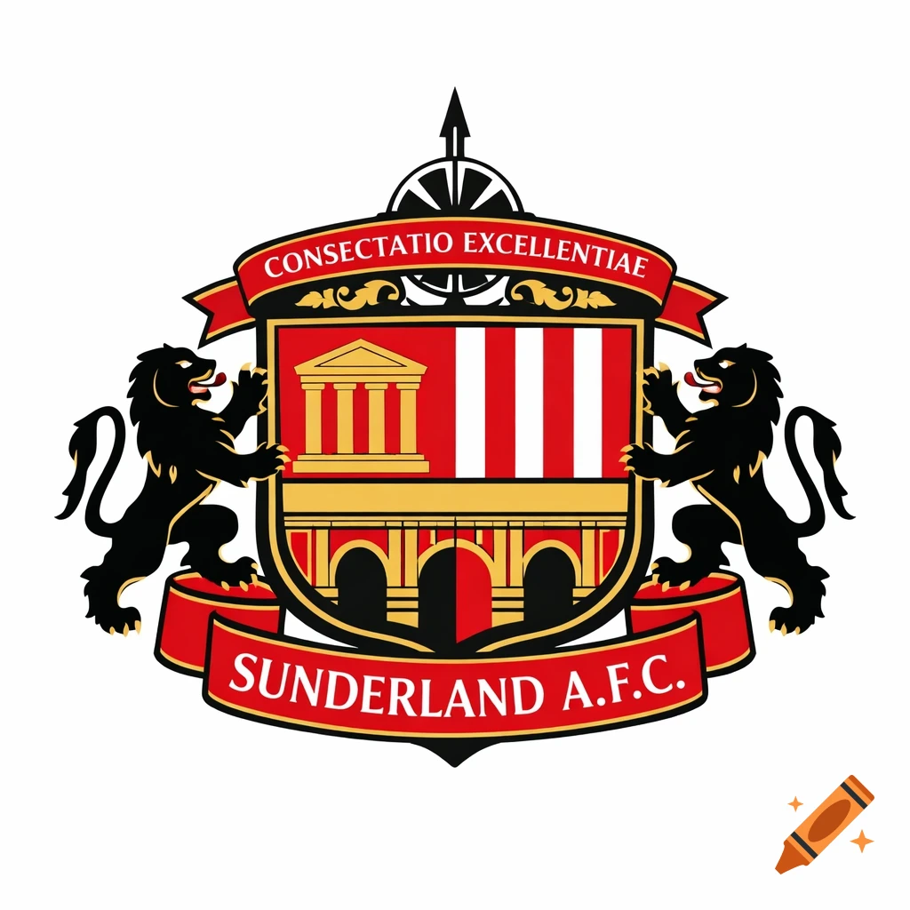 Flat vector logo of Sunderland A.F.C. football club crest with two black lions, a shield, and motto banners.