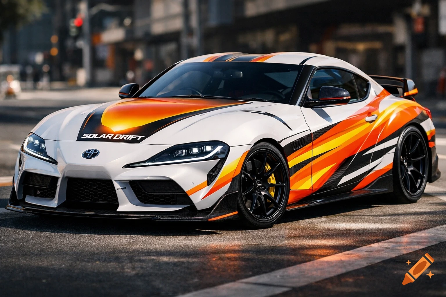 A photorealistic cinematic render of a white Toyota Supra MK5 with orange and yellow 'Solar Drift' racing livery and black wheels on a sunny urban street.