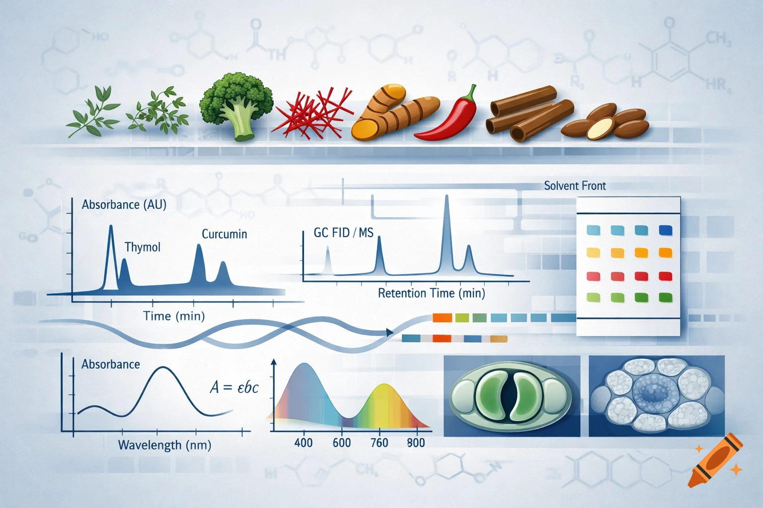 A scientific diagram illustrating natural ingredients like broccoli, saffron, and chili, alongside analytical chemistry graphs (chromatograms, absorption spectra) and microscopic cellular structures.