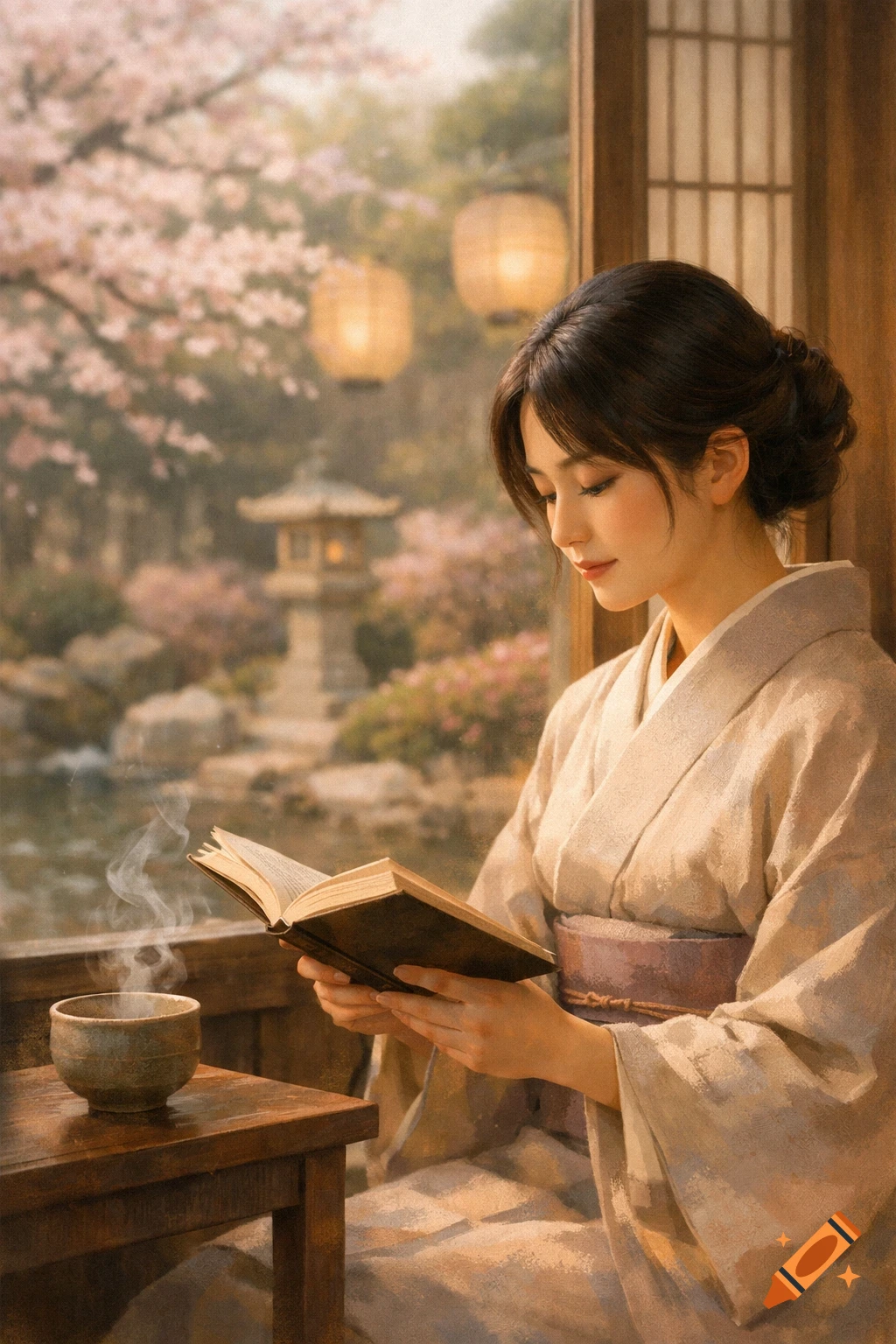 A young Japanese woman in a kimono reads a book by an open window, overlooking a serene garden with cherry blossoms.
