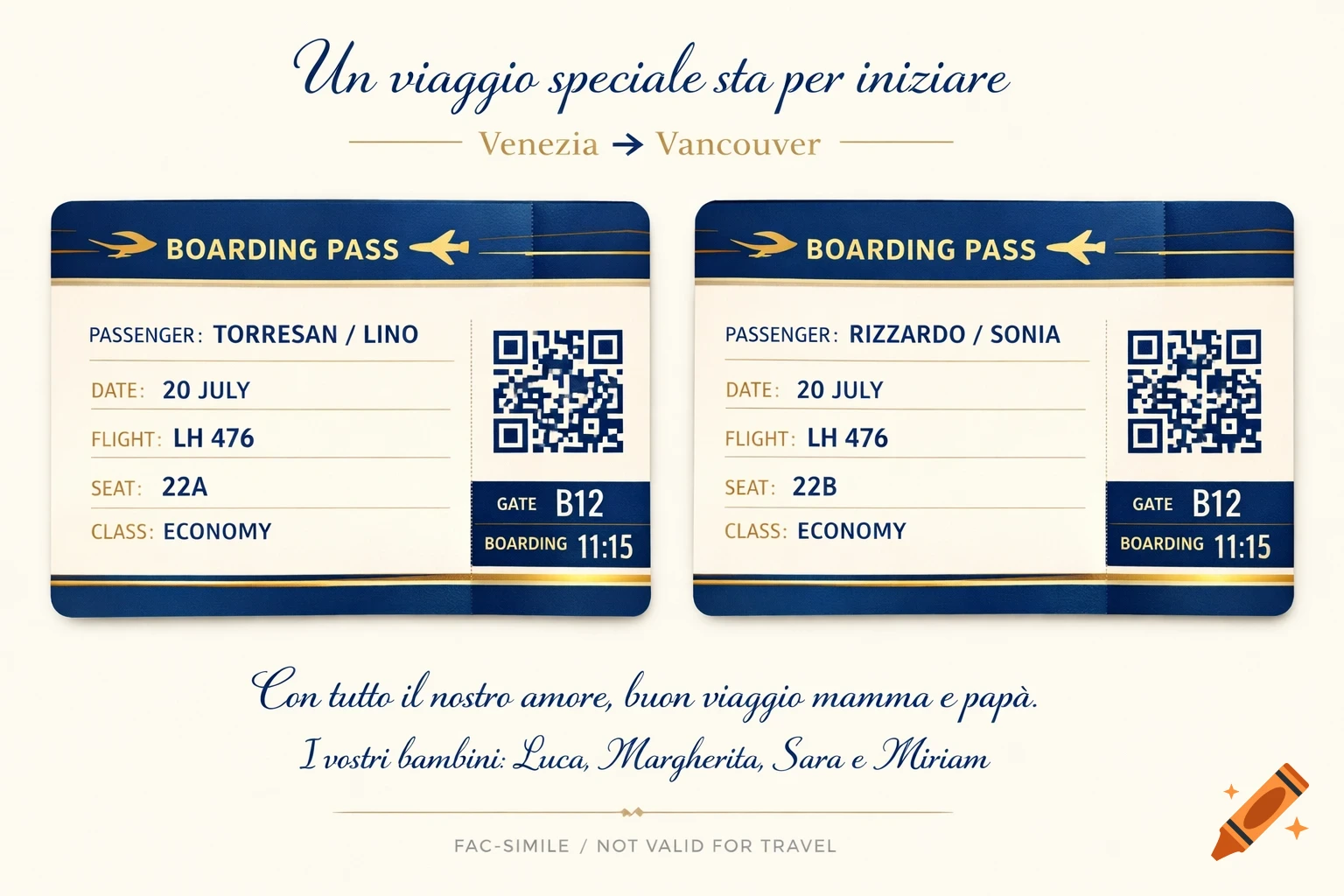 Two elegant gift-style boarding passes for a trip from Venezia to Vancouver, with a dedication message. Passengers Torresan and Rizzardo.
