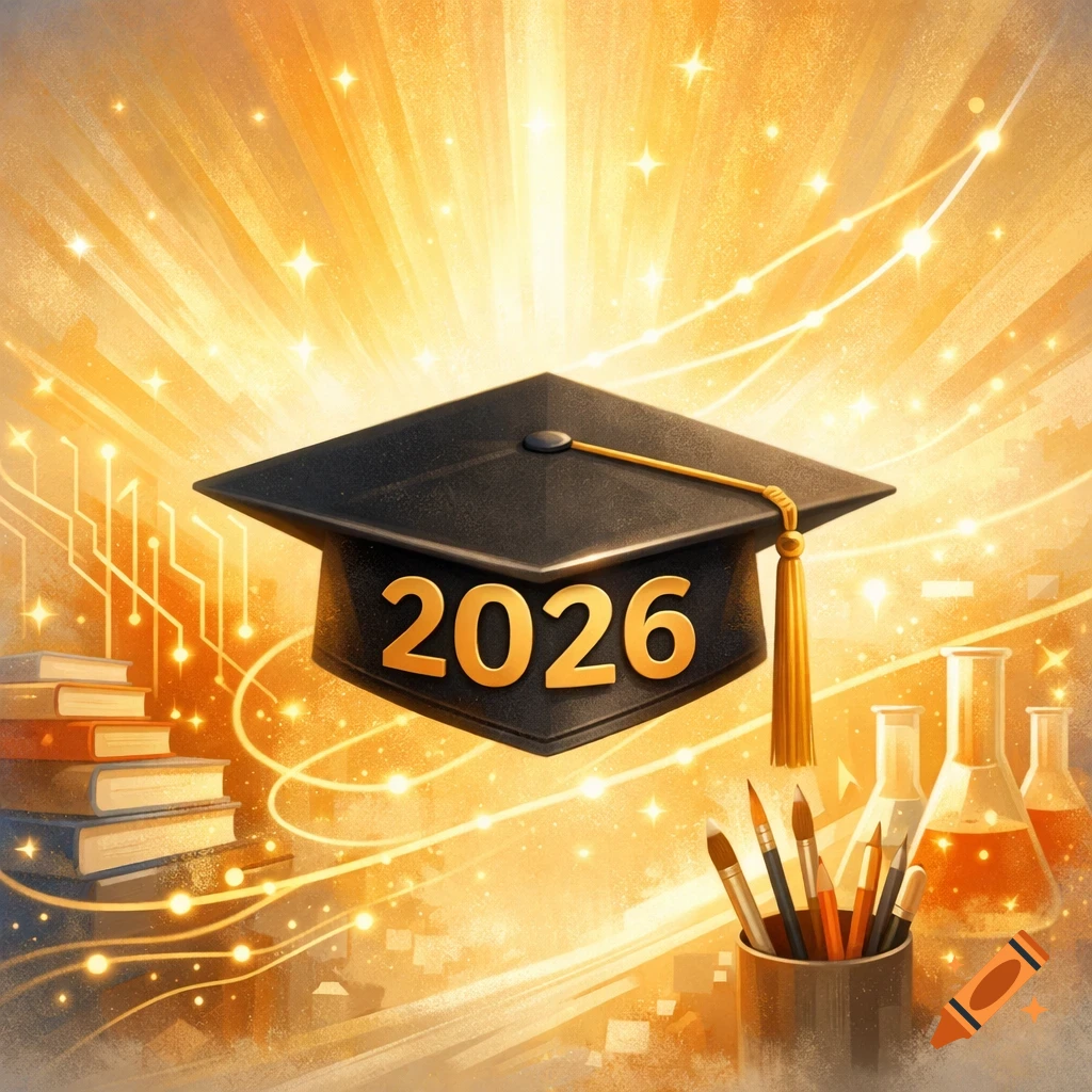 Graduation cap with '2026' floating in golden light with books, beakers, and paintbrushes, digital art style.