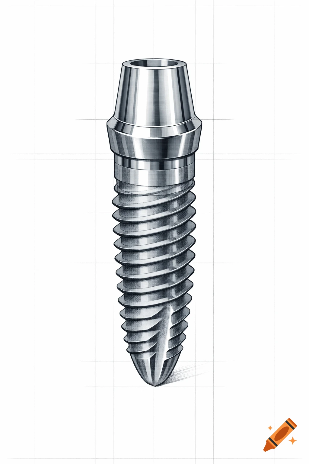Detailed technical drawing of a metallic dental implant with screw threads against a white background with grid lines.