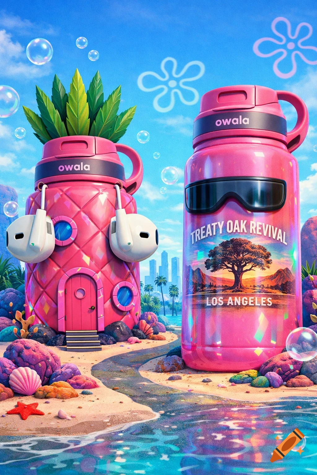 Two pink Owala water bottles, one a pineapple house with AirPods, the other labeled "Treaty Oak Revival Los Angeles", on a vibrant beach.
