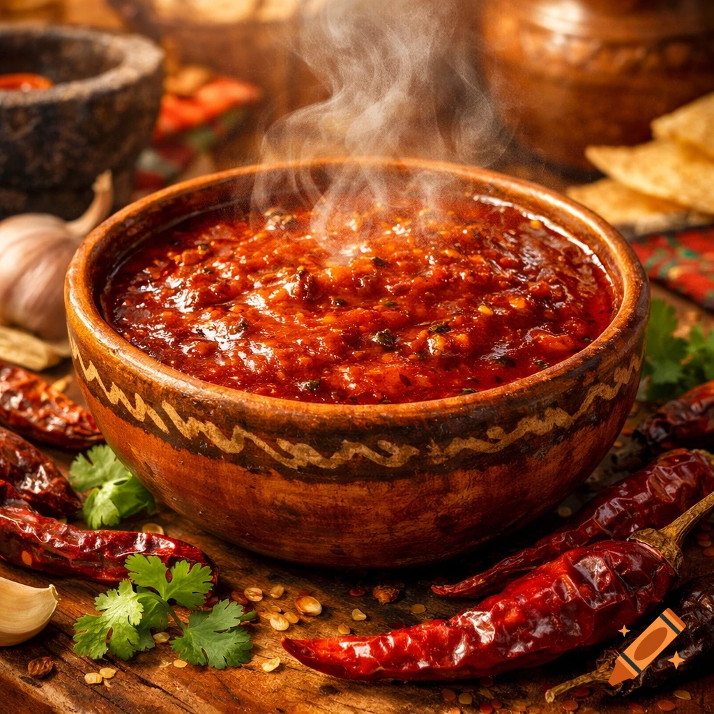 Steaming rustic bowl of red enchilada sauce with chili peppers, garlic, and cilantro on a wooden surface.