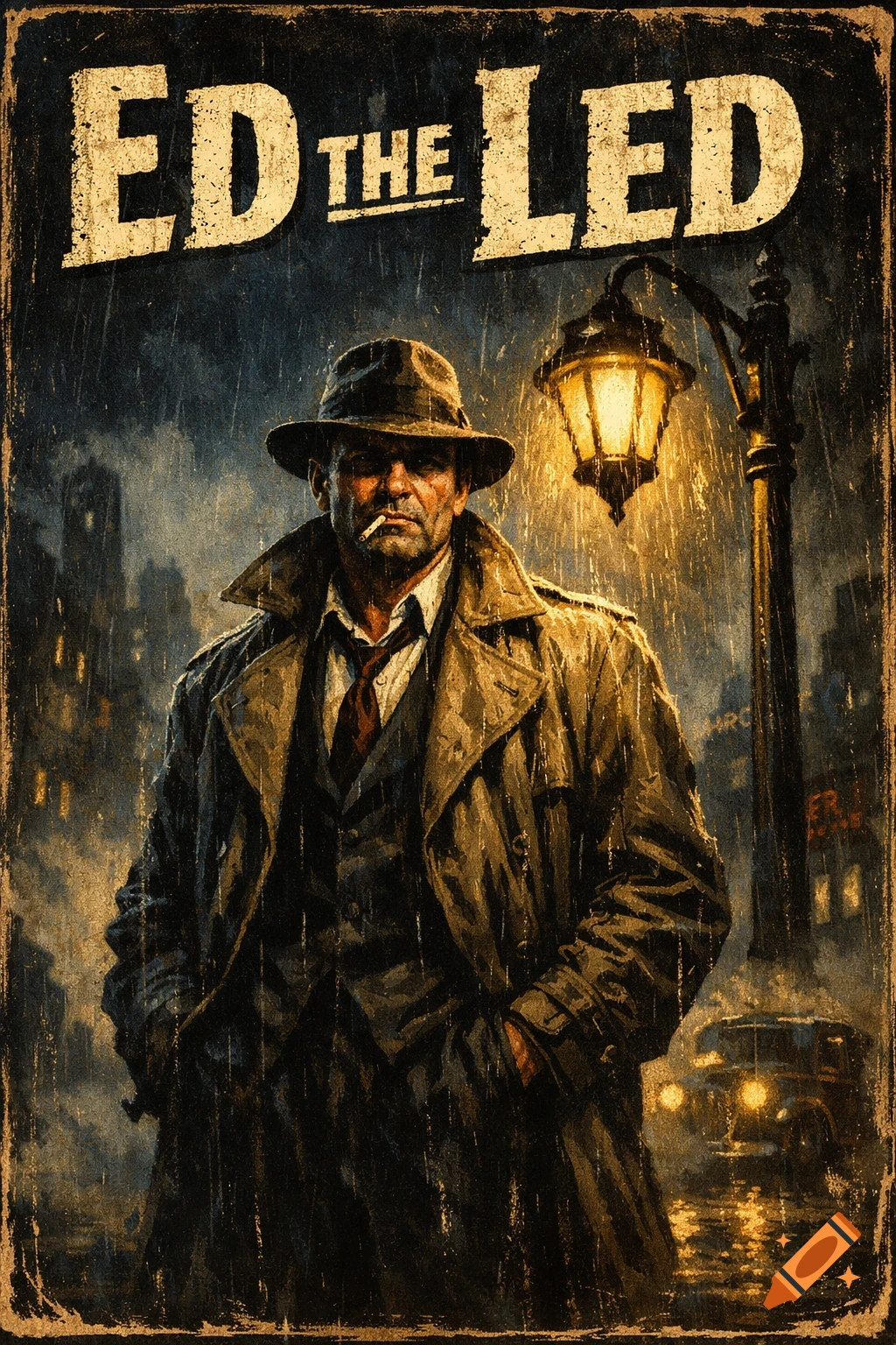 A gritty, vintage film noir poster depicts a trench-coat-clad detective smoking a cigarette in the rain under a streetlamp. Text reads 'ED THE LED'.