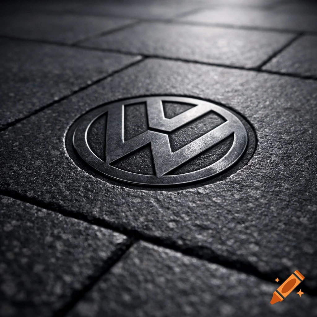A metallic Volkswagen logo embedded in dark anthracite paving stones, illuminated from above.