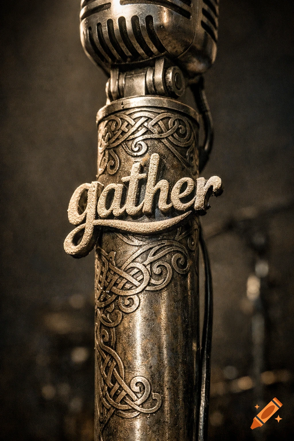 Close-up of an ornate, metallic microphone stand with the word "gather" embossed on it and intricate Celtic knotwork.
