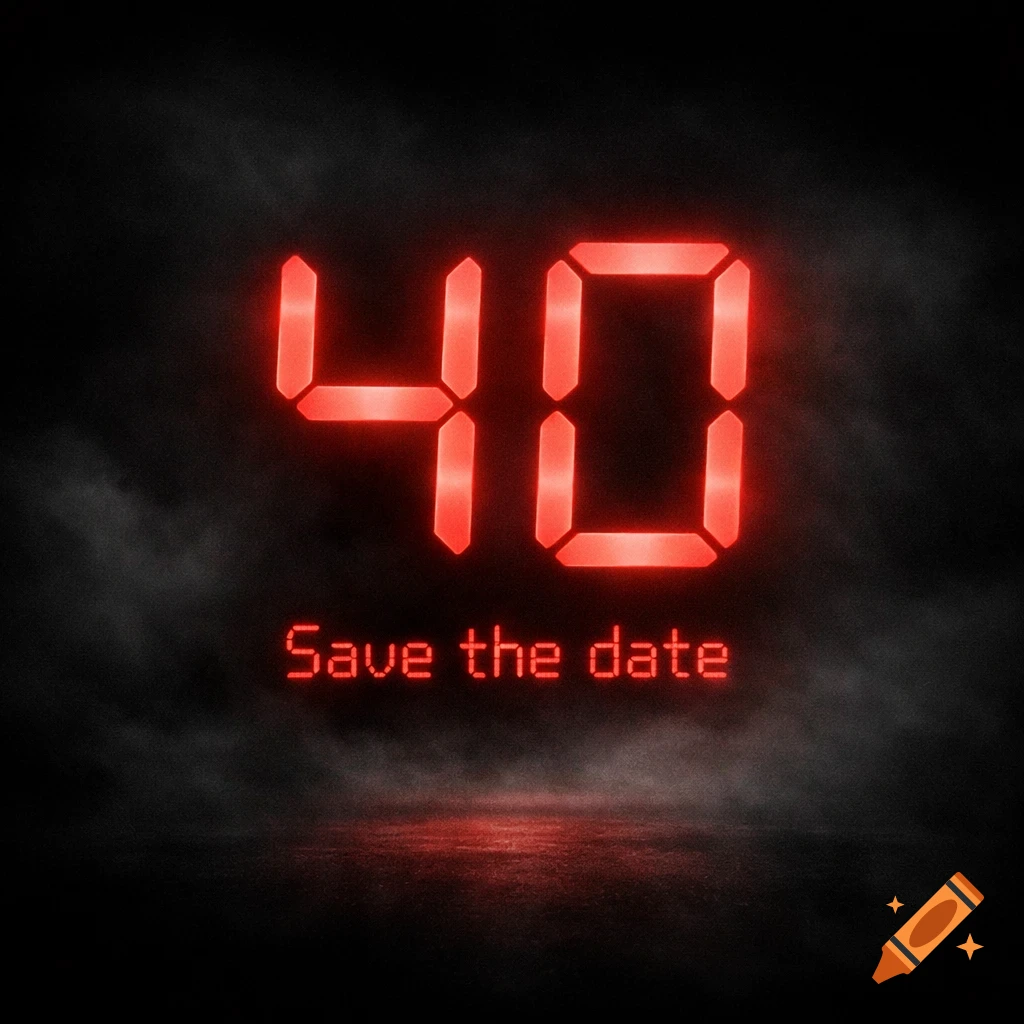 Red glowing digital numbers '40' and 'Save the date' text on a dark, smoky, minimalist background.