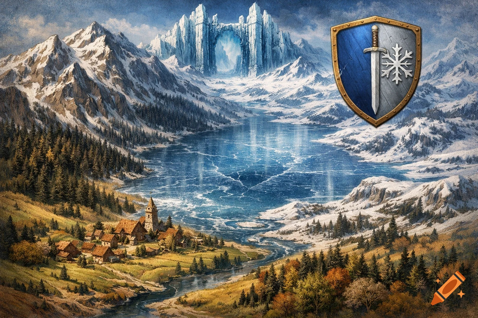 Fantasy landscape with a village, forests, snow-capped mountains, an icy lake, ice gates, and a shield with a sword and snowflake.