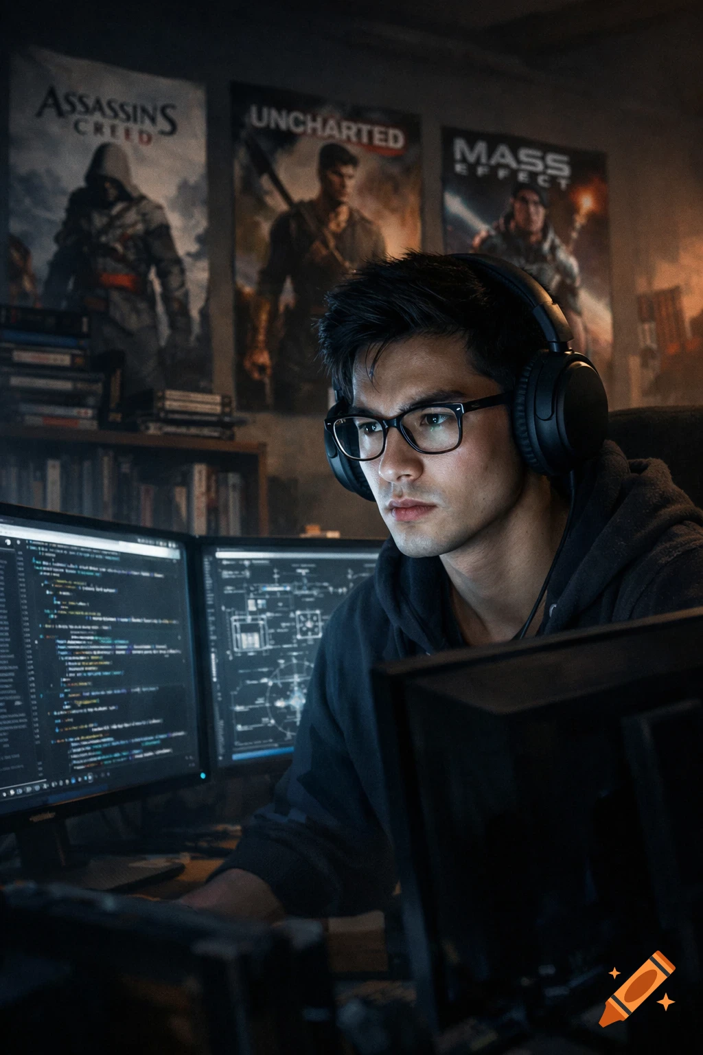 A young man with glasses and headphones intently looks at two computer monitors displaying code, with video game posters behind him.