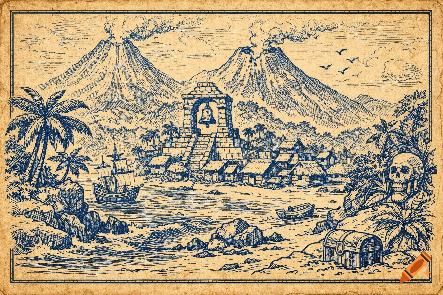 Blue ink drawing on aged paper of a tropical island with two smoking volcanoes, a bell temple, a village, a ship, a skull, and a treasure chest.