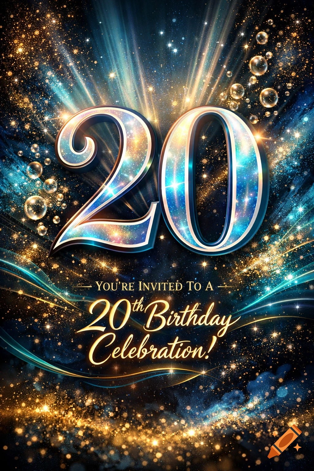 A glittering 20th birthday invitation card with sparkling numbers and festive text on a dark, starry background.