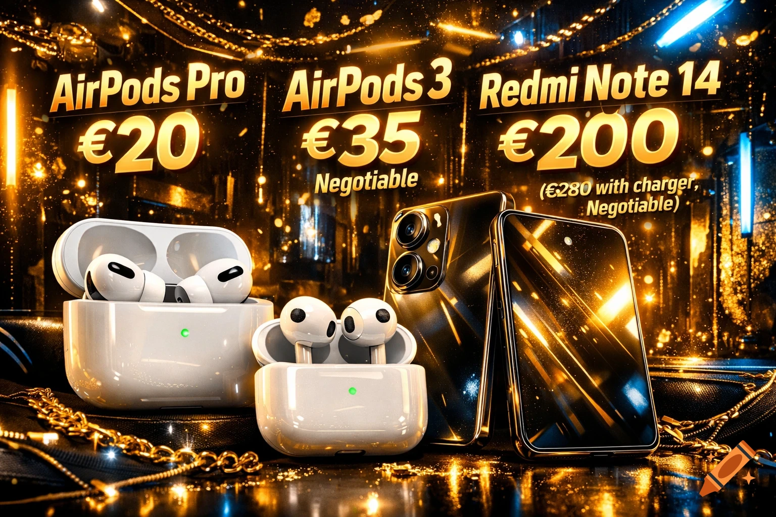 A stylized advertisement for AirPods Pro at 20, AirPods 3 at 35, and a Redmi Note 14 at 200, set against a dark, glowing background with gold light streaks and reflective surfaces.