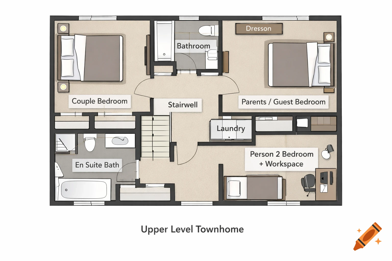Top-down floor plan of an upper-level townhome with labeled bedrooms, bathrooms, laundry, and a stairwell.