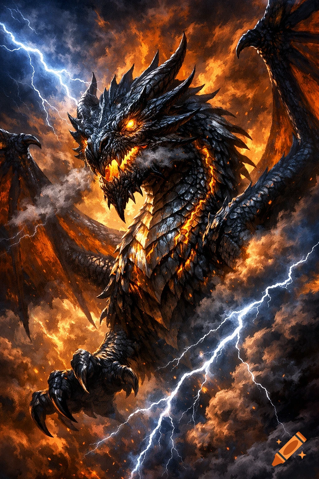 A majestic black dragon with glowing orange scales and eyes roars amidst a fiery, stormy sky with lightning.