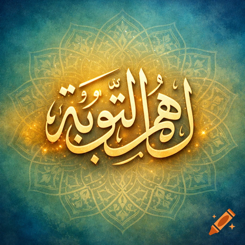 Golden Arabic calligraphy "Ahl al-Tawbah" (People of Repentance) on a sparkling blue-green and gold mandala background.