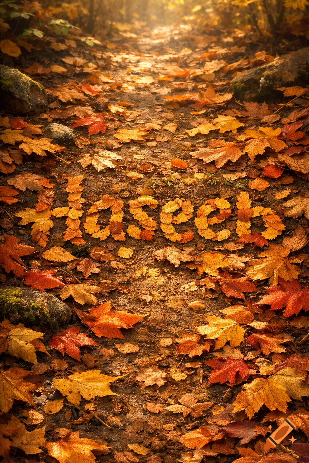A forest path covered in vibrant autumn leaves, with the name 'Haseeb' spelled out in leaves, under soft, warm lighting.
