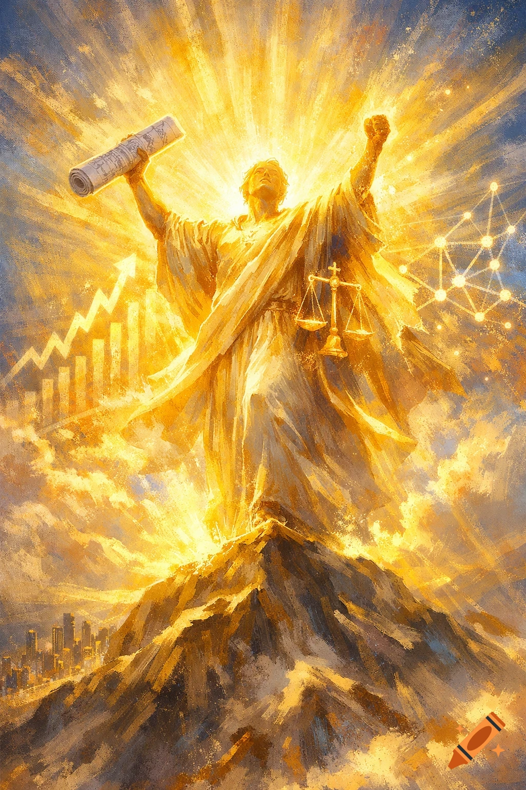 A radiant, golden figure stands triumphantly on a mountain, holding a scroll and scales of justice, with rising graphs and a cityscape.