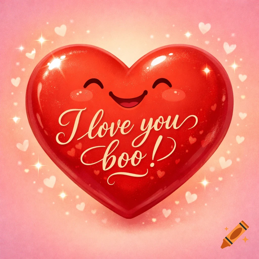 A glossy red cartoon heart with a happy face and 'I love you boo!' in cursive, surrounded by sparkles and small hearts on a pink background.