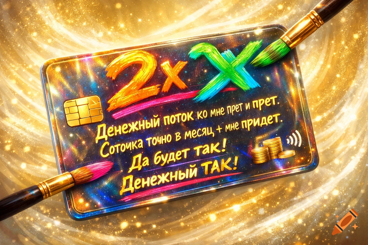 A sparkling, cosmic-themed credit card with '2X' and Russian text, flanked by paint brushes, on a golden glitter background.
