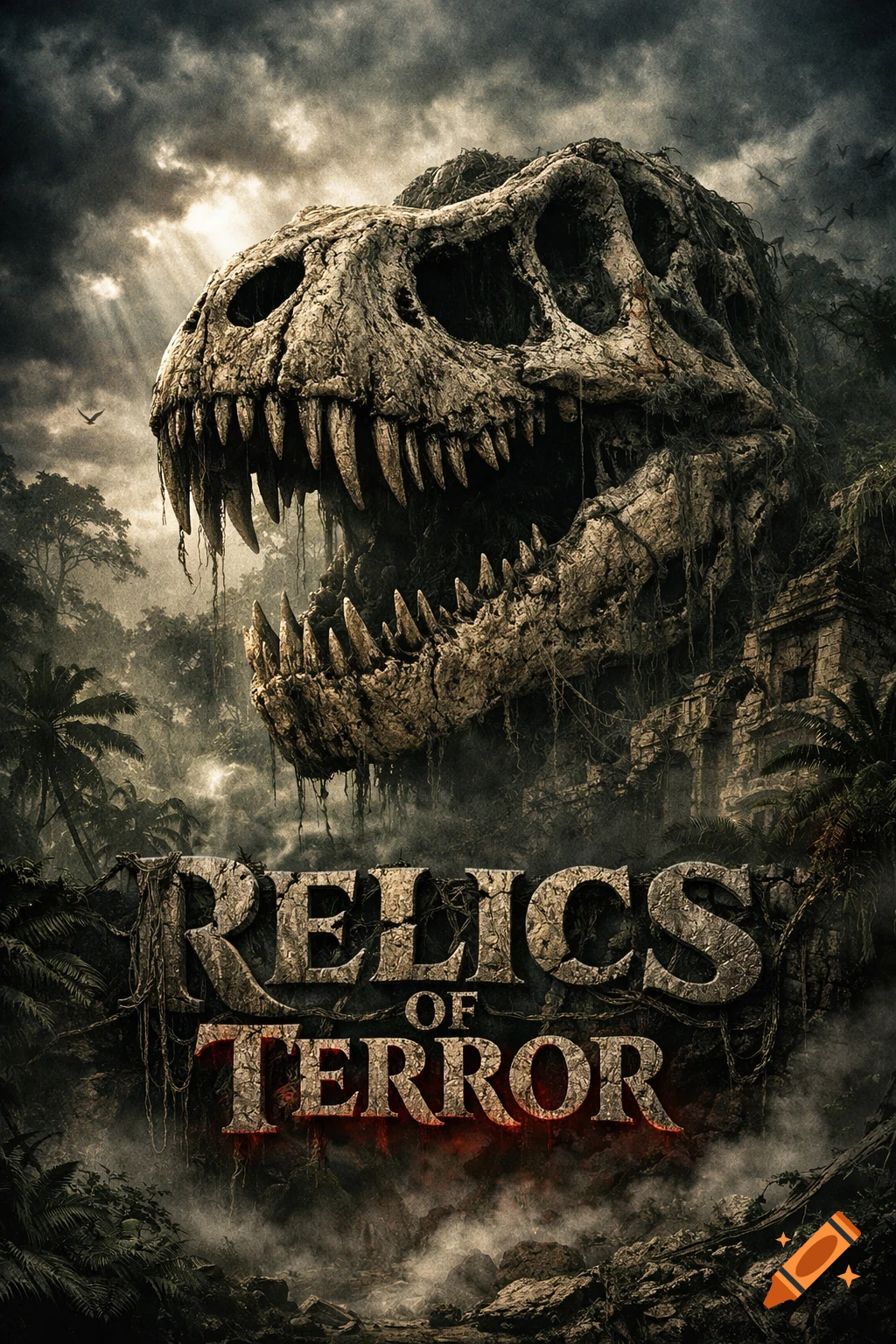 Ominous movie poster for 'Relics of Terror' featuring a massive T-Rex skull amidst dark jungle ruins under a stormy sky.